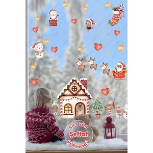 Yılbaşı Kış Evi Kardan Adam ve Noel Baba Kış Figürleri Kalpler ve Yıldızlar Yeni Yıl Sticker Seti - Şeffaf