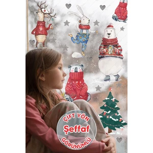 Yılbaşı Cam Duvar Süsü, Kış Konseptli Ayıcıklar ve Sevimli Hayvanlar Sticker Seti