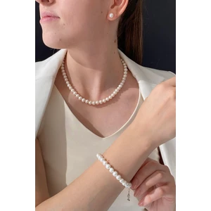 BIRINCI1926 925 Ayar Gümüş Kadın Sıralı Inci Kolye Bileklik Küpe Set