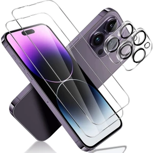 M.TK Moveteck Apple iPhone 14 Pro Max Uyumlu Ekran ve Lens Koruyucu Set Camı 9h Temperli Cam Tam Kaplar Lens Camı Şeffaf Glass