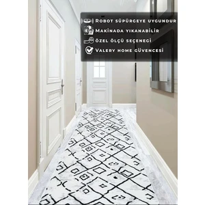 Valery Home Yıkanabilir Kaymaz Tabanlı Kesme Rulo Halı Yolluk Siyah-Beyaz