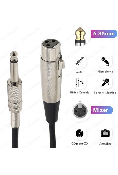BK Teknoloji 3 Pin Xlr Dişi To 6.35MM Mono Erkek Mikrofon Ses Kablosu 5metre