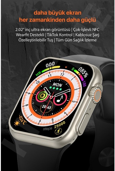 PSGT Watch 8 Ultra + Orijinal kordon ultra Adventure 2.02 Inç Siri Nfc Bluetooth Arama Ios Android Uyumlu Çift Kordonlu