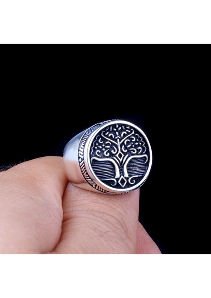925 Ayar Gümüş Hayat Ağacı Işlemeli Oval Gümüş Yüzük indirimleri