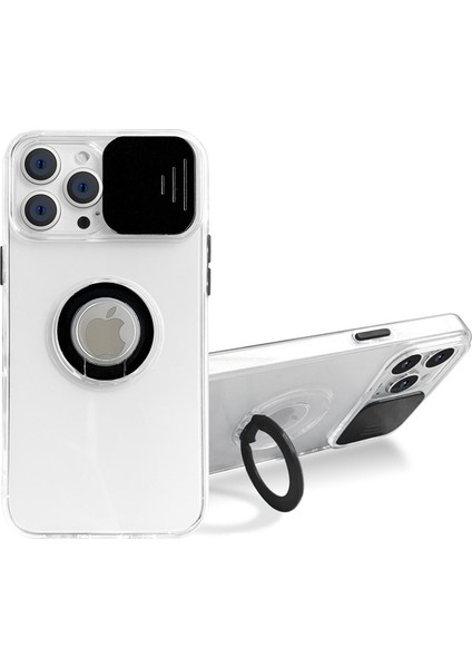 Ally iPhone 12 Pro Max Kılıf Sürgülü Kamera Lens Korumalı Yüzük Standlı Silikon Kılıf