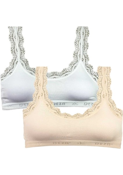 2 Adet Dantel Nakış Işlemeli Pedli Bambu Kadın Büstiyer Beyaz Krem