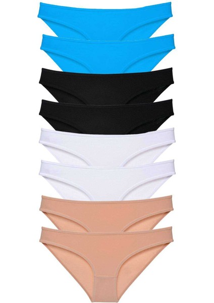 8 Adet Süper Eko Set Likralı Kadın Slip Külot Siyah Ten Beyaz Mavi