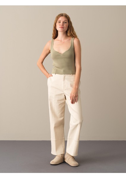 Kadın Yeşil Slim Fit Triko Basic Atlet