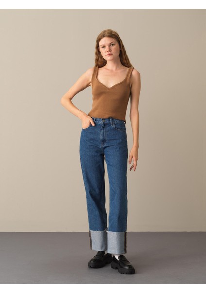 Kadın Camel Slim Fit Triko Basic Atlet