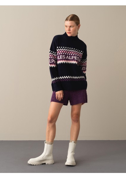 Kadın Lacivert Regular Fit Desenli Kazak