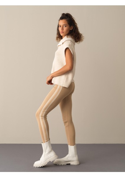 Kadın Ekru Yüksek Bel Slim Fit Triko Tayt