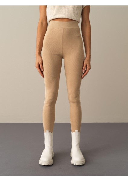 Kadın Ekru Yüksek Bel Slim Fit Triko Tayt modelleri