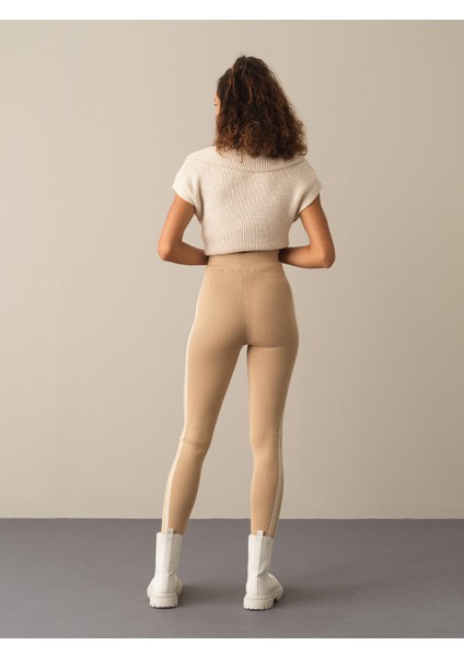 Kadın Ekru Yüksek Bel Slim Fit Triko Tayt indirimleri