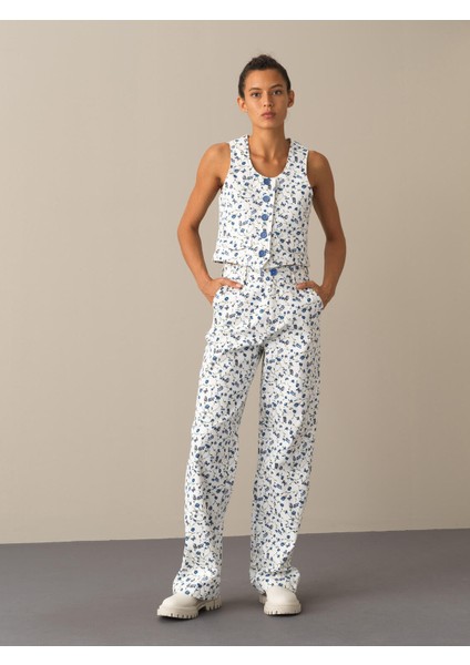 Kadın Mavi Pamuklu Regular Fit Desenli Yelek