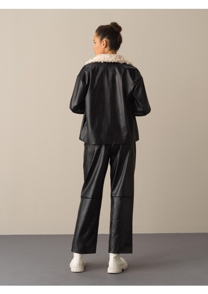 Kadın Siyah Deri Görünümlü Oversize Ceket indirimleri