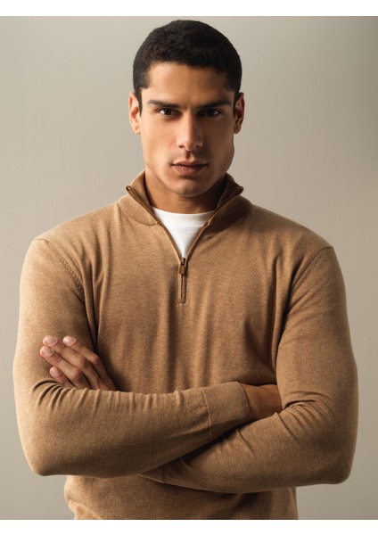 Erkek Camel Pamuklu Regular Fit Basic Kazak