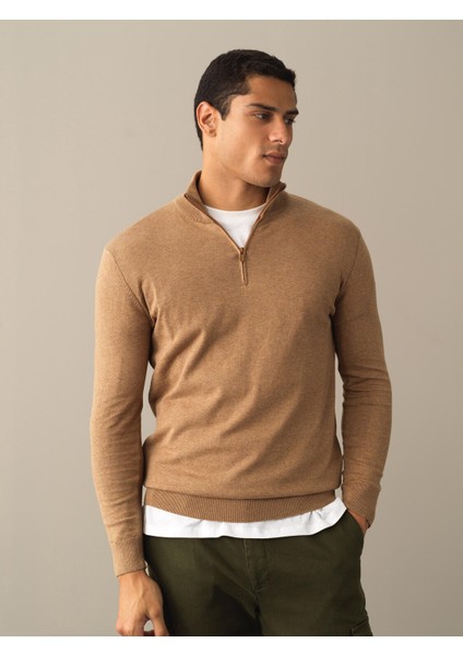 Erkek Camel Pamuklu Regular Fit Basic Kazak modelleri