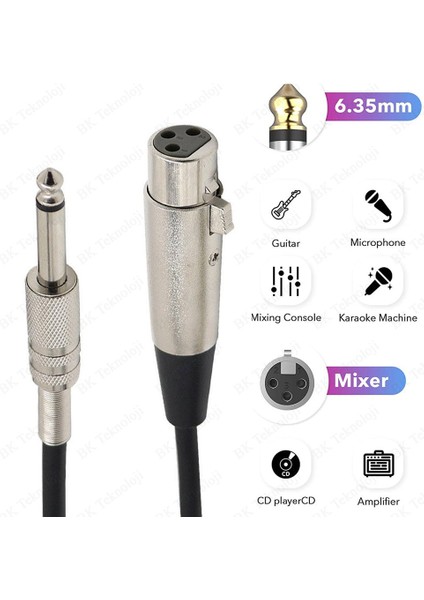 3 Pin Xlr Dişi To 6.35MM Mono Erkek Mikrofon Ses Kablosu 5metre