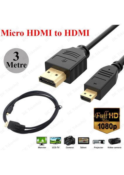 Micro HDMI To HDMI Tablet Kamera Görüntü Kablosu - 3 Metre