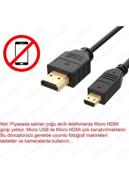 Micro HDMI To HDMI Tablet Kamera Görüntü Kablosu - 3 Metre