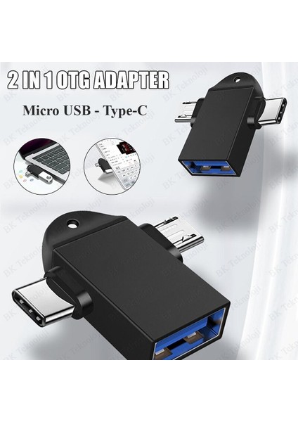 2 In 1 USB Dişi To Micro USB + Type-C Otg Adaptör