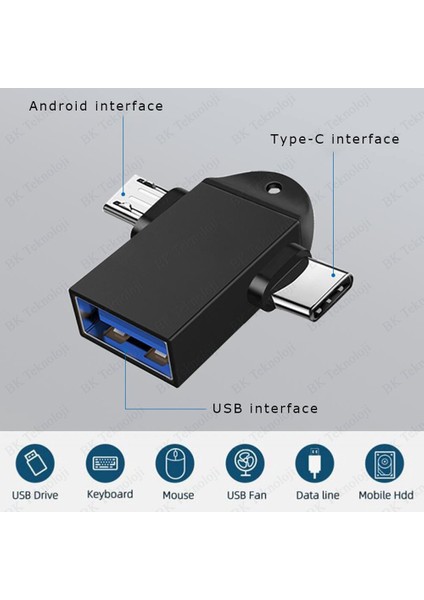 2 In 1 USB Dişi To Micro USB + Type-C Otg Adaptör