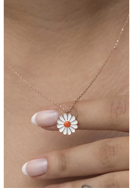 925 Ayar Gümüş Rose Mineli Papatya Kolye