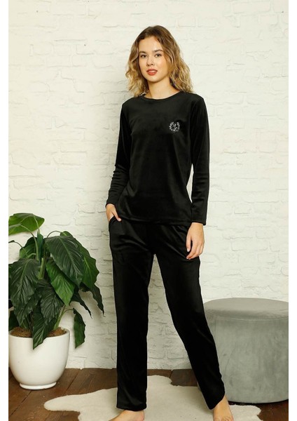 Siyah Kadın Kadife Pijama Takım L