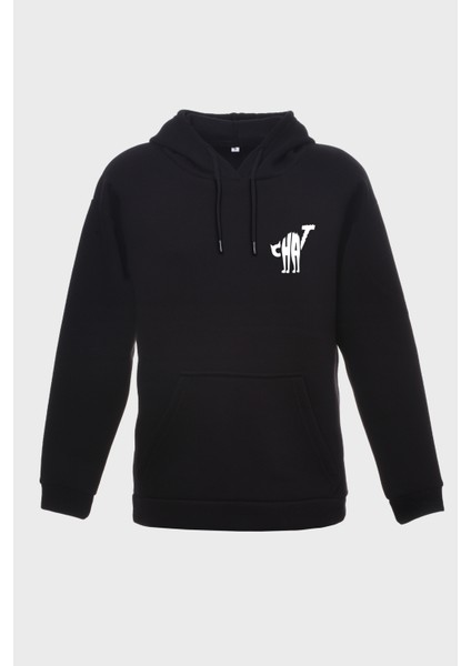 Cat Minimal Baskili Kapüşonlu Üç Iplik Sweatshirt Oversize Hoodie