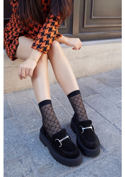Melani Siyah Süet Kürklü Kadın Laofer Ayakkabı
