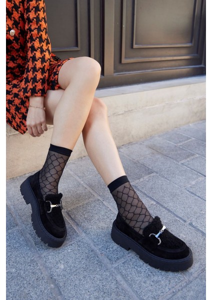 Melani Siyah Süet Kürklü Kadın Laofer Ayakkabı modelleri