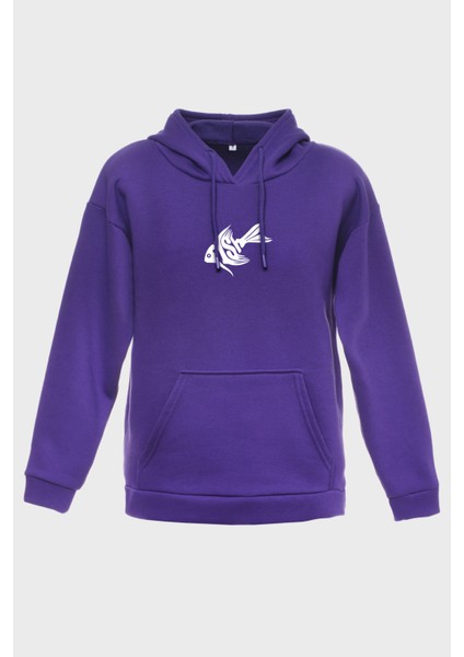 Fish Minimal Baskili Kapüşonlu Üç Iplik Sweatshirt Oversize Hoodie