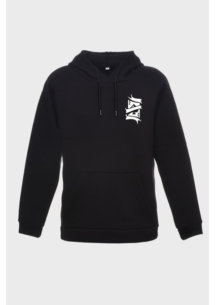 Kart Minimal Baskili Kapüşonlu Üç Iplik Sweatshirt Oversize Hoodie