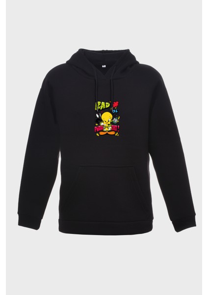 Tweety Minimal Baskili Kapüşonlu Üç Iplik Sweatshirt Oversize Hoodie