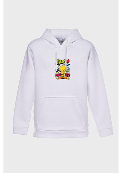 Tweety Minimal Baskili Kapüşonlu Üç Iplik Sweatshirt Oversize Hoodie
