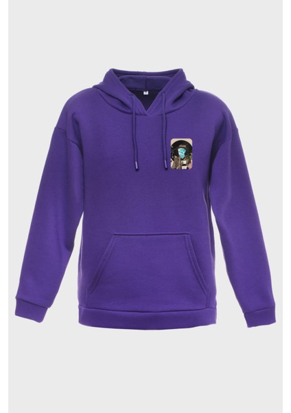 Sky Man Minimal Baskili Kapüşonlu Üç Iplik Sweatshirt Oversize Hoodie