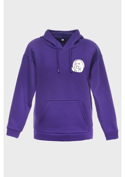 Huysuz Kedi Minimal Baskili Kapüşonlu Üç Iplik Sweatshirt Oversize Hoodie