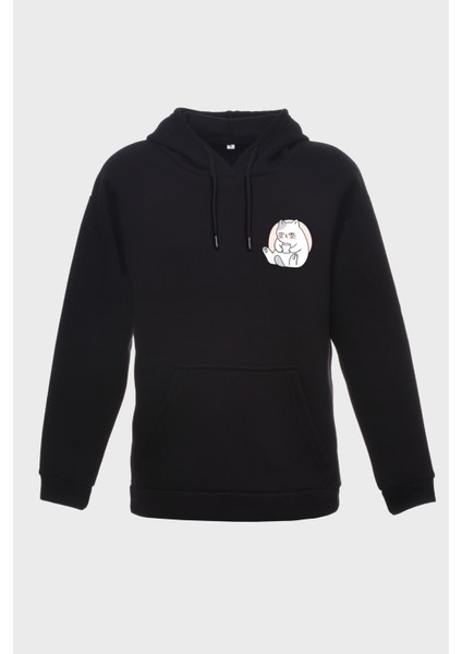 Huysuz Kedi Minimal Baskili Kapüşonlu Üç Iplik Sweatshirt Oversize Hoodie