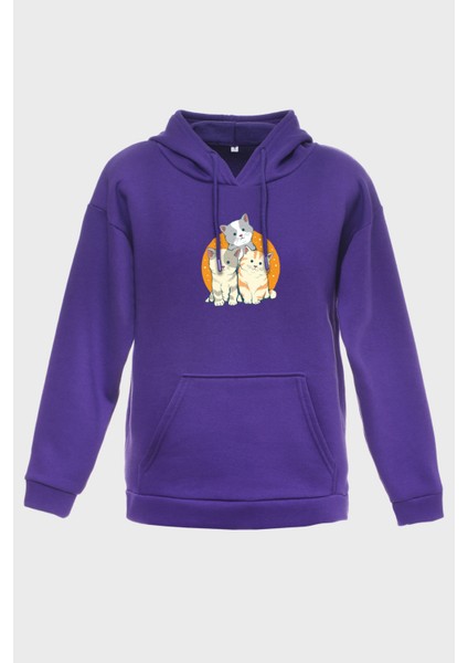 Kedi Ailesi Minimal Baskili Kapüşonlu Üç Iplik Sweatshirt Oversize Hoodie