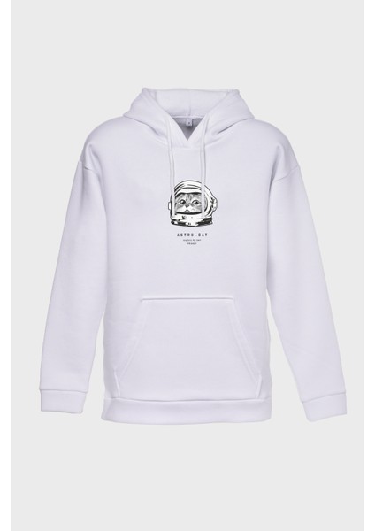 Astro Cat Minimal Baskili Kapüşonlu Üç Iplik Sweatshirt Oversize Hoodie