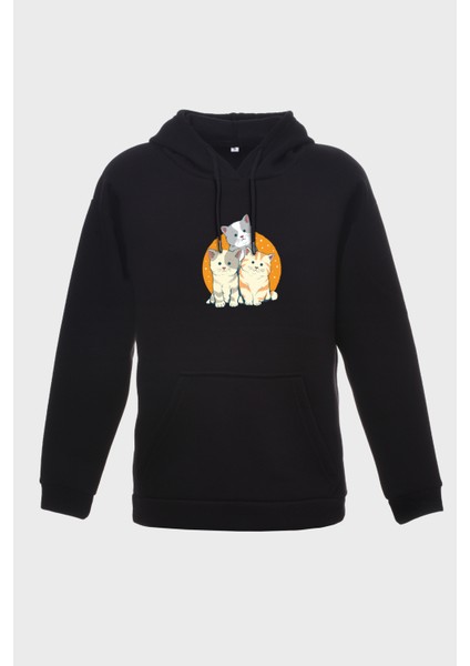 Kedi Ailesi Minimal Baskili Kapüşonlu Üç Iplik Sweatshirt Oversize Hoodie