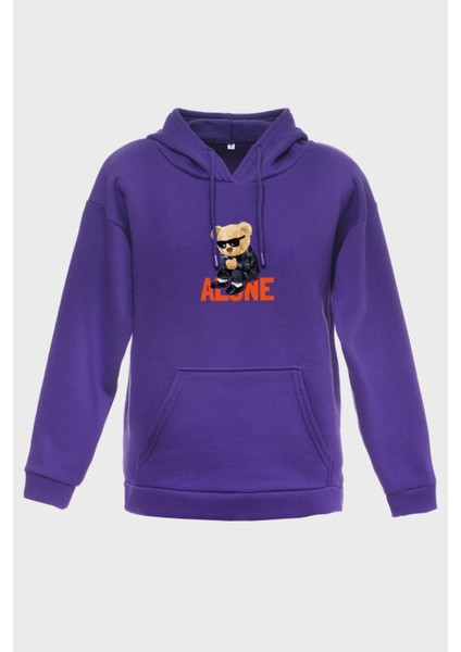 Alone Bear Minimal Baskili Kapüşonlu Üç Iplik Sweatshirt Oversize Hoodie