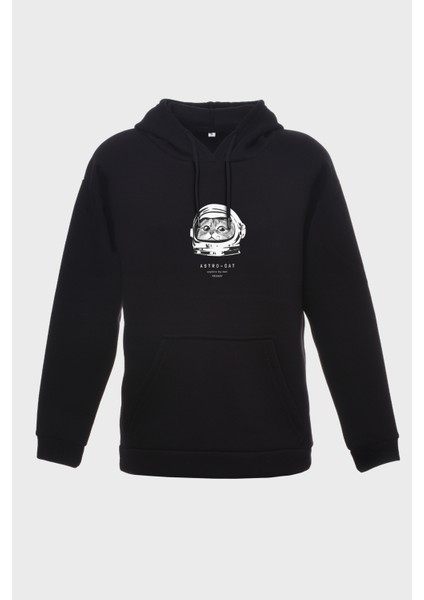 Astro Cat Minimal Baskili Kapüşonlu Üç Iplik Sweatshirt Oversize Hoodie