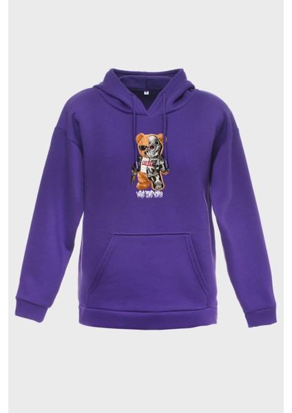 Robot Bear Minimal Baskili Kapüşonlu Üç Iplik Sweatshirt Oversize Hoodie