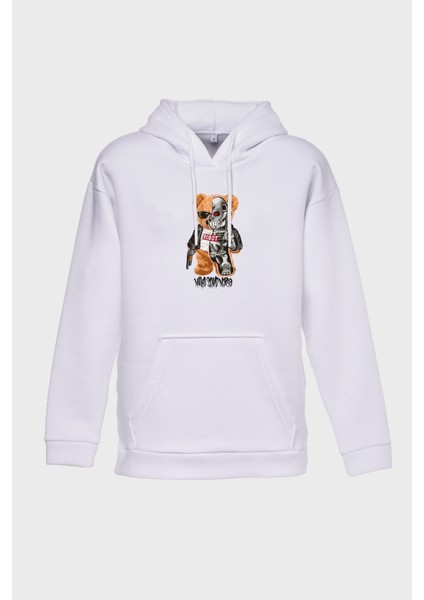 Robot Bear Minimal Baskili Kapüşonlu Üç Iplik Sweatshirt Oversize Hoodie