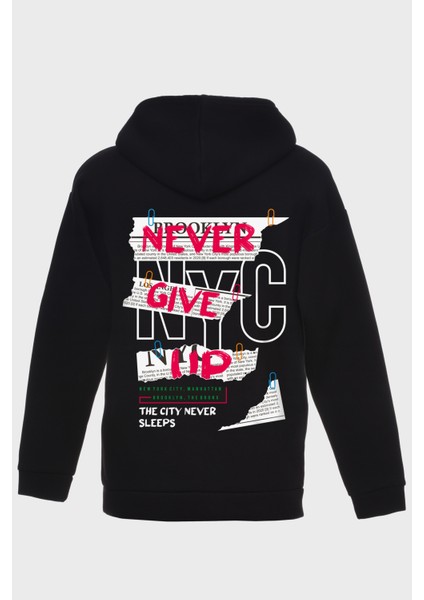 Nyc Sirt Baskili Kapüşonlu Üç Iplik Sweatshirt Oversize Hoodie