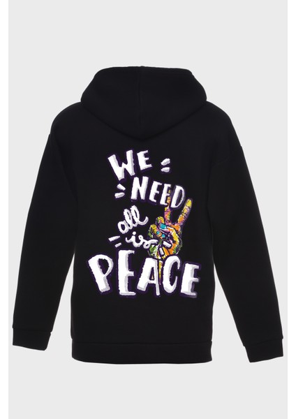 Peace Sirt Baskili Kapüşonlu Üç Iplik Sweatshirt Oversize Hoodie