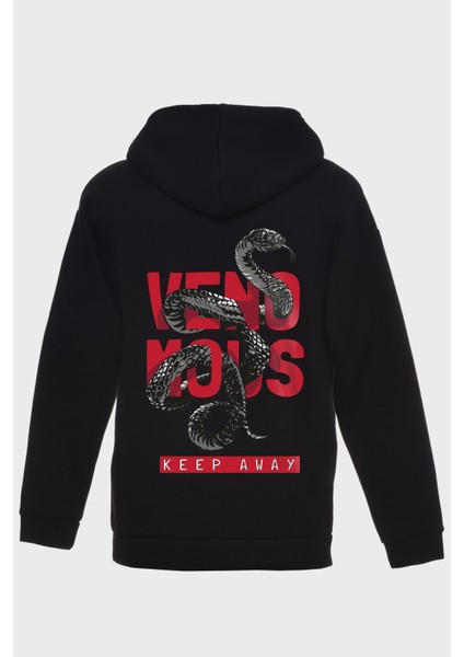 Venamous Sirt Baskili Kapüşonlu Üç Iplik Sweatshirt Oversize Hoodie