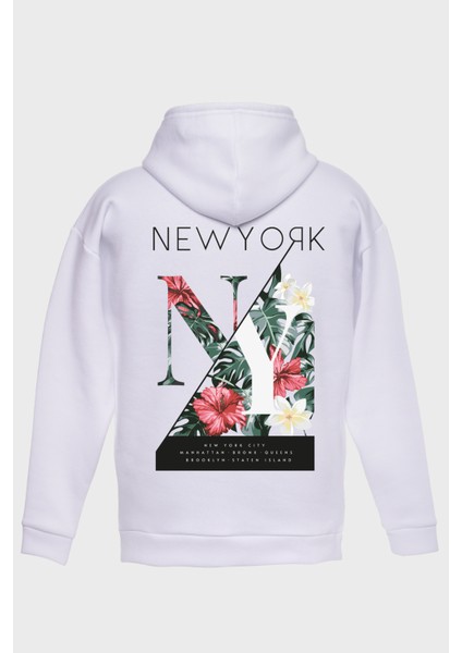New York Sirt Baskili Kapüşonlu Üç Iplik Sweatshirt Oversize Hoodie