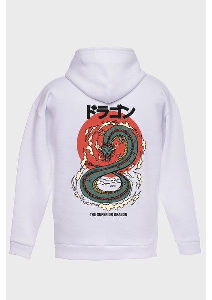 Dragon Sirt Baskili Kapüşonlu Üç Iplik Sweatshirt Oversize Hoodie